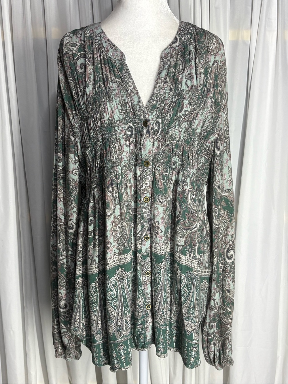 Knox Rose Green Paisley Button-Front Long Sleeve Tunic Blouse Size XXL